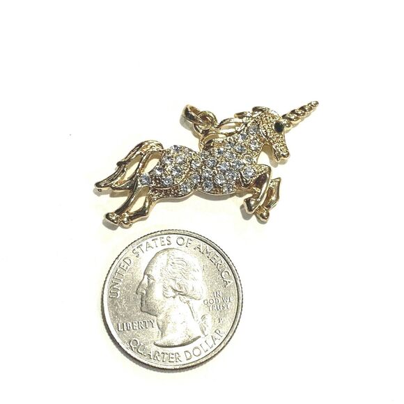 Unicorn Pendant Necklace Rhinestone Gold Tone 1-3/4" Pave Crystal 15" GF Chain - Picture 3 of 11